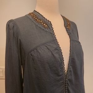 Sandro Blue Embellished Bohemian Top, Size 2